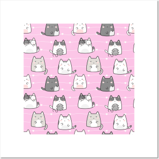 Seamless Pattern heart line Cute Kawaii Cats Posters and Art